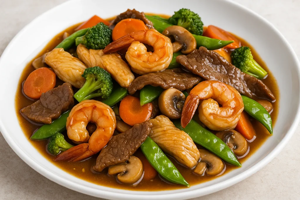 Triple Delight Chinese Food: What It Is, Ingredients, Calories & Easy Recipe 1 Close-up of Triple Delight Chinese food showing juicy shrimp, tender beef, and fresh vegetables