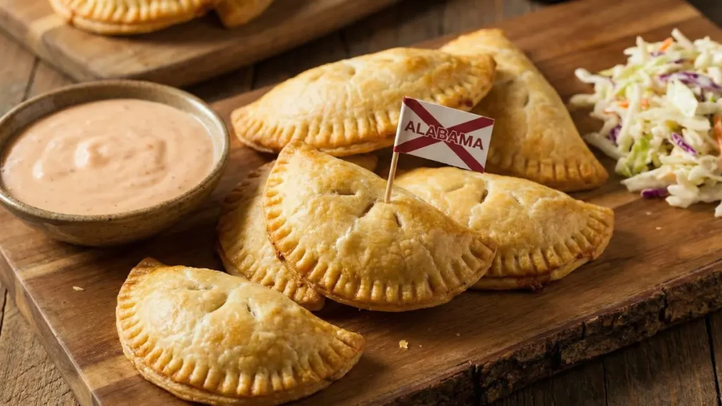 Alabama Hot Pockets Recipe: The Viral Southern Snack Everyone Wants to Try 13 Freshly baked Alabama Hot Pockets with golden flaky crust, filled with seasoned beef, cheese, and tomato sauce, placed on a rustic checkered cloth in a warm kitchen setting