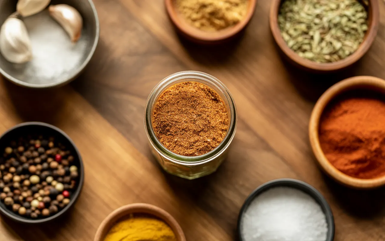 What Is Adobo Seasoning? Ingredients, Flavor, Uses & Best Substitutes Explained 2 Homemade adobo seasoning in a glass bowl with a wooden spoon, surrounded by dried herbs and spices on a wooden surface.