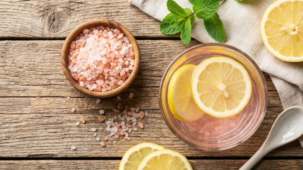 What Is the Recipe for the Pink Salt Trick? (Full Guide to the Viral Weight Loss Trend) 1 Top-view photo of pink salt water with lemon slices and Himalayan salt crystals on a wooden table. - Pink salt Trick