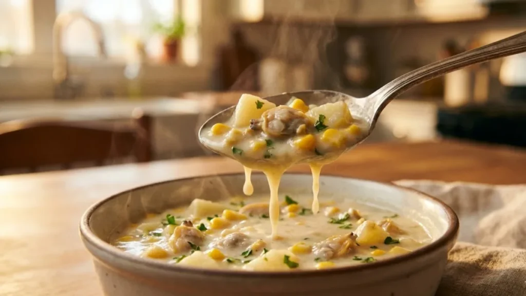 Corn Clam Chowder Recipe: A Delicious Twist on a Classic Comfort Soup 14 A spoonful of creamy corn clam chowder lifted above the bowl showing clams, potatoes, and sweet corn