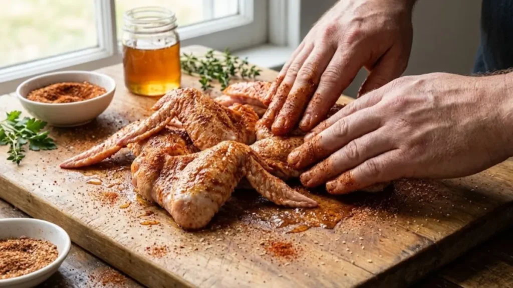 Hot Honey Rub Recipe: The Perfect Sweet & Spicy Seasoning for Chicken, BBQ & More 1 Applying hot honey rub seasoning to raw chicken wings before grilling or baking. - Hot Honey Rub Recipe