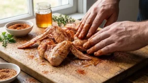 Hot Honey Rub Recipe: The Perfect Sweet & Spicy Seasoning for Chicken, BBQ & More 6 Applying hot honey rub seasoning to raw chicken wings before grilling or baking.