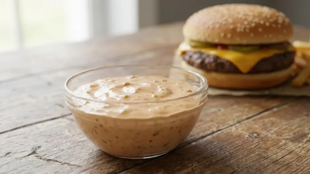 Big Mac Sauce Recipe (McDonald’s Secret Sauce) – Easy Copycat at Home 18 Big Mac sauce in a bowl served with a homemade burger and sesame seed bun