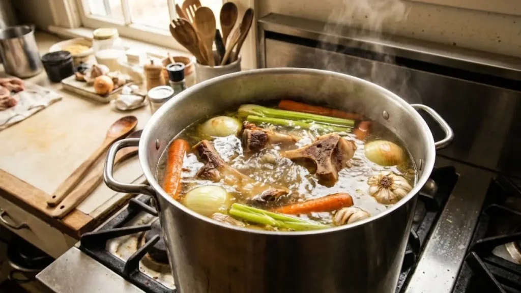 Bone Broth Recipe: How to Make Rich, Collagen-Filled Bone Broth at Home 1 Bone broth recipe ingredients including beef bones, carrots, onions, celery, garlic, and herbs on a wooden table