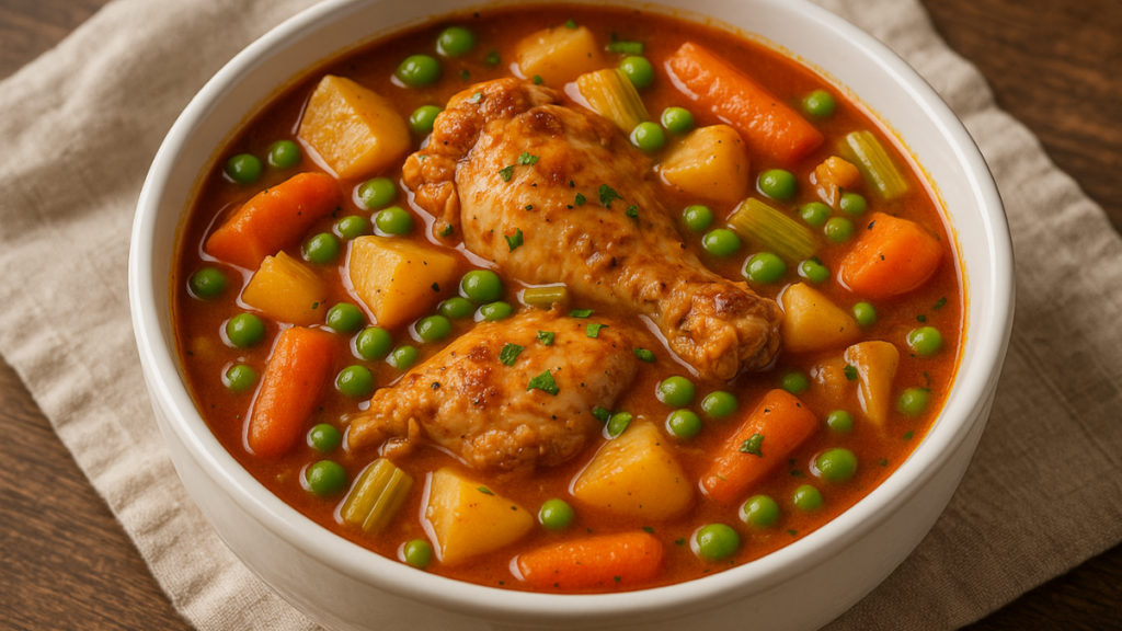 How to Make the Perfect Chicken Stew — Easy, Comforting & Absolutely Delicious! 16 Classic chicken stew in a beige bowl with tender chicken pieces, carrots, potatoes, peas, and rich tomato broth