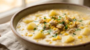 Corn Clam Chowder Recipe: A Delicious Twist on a Classic Comfort Soup 5 Close-up of rich corn clam chowder showing creamy broth, clams, corn kernels, and diced potatoes.