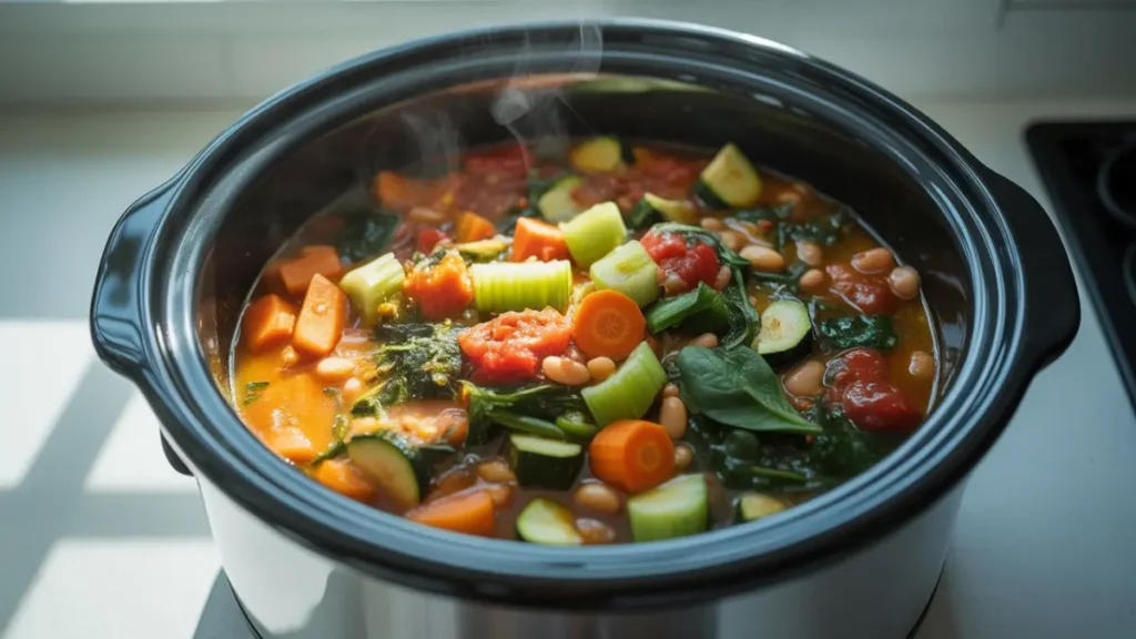 5 Easy & Healthy Crockpot Recipes Perfect for Weight Loss 1 Colorful crockpot vegetable stew with carrots, celery, tomatoes, and beans - Healthy Crockpot Recipes