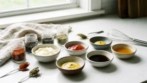 Cookout Sauce Recipe: Easy, Creamy Southern-Style Sauce for BBQ, Burgers & Fries 3 Cookout sauce ingredients including mayonnaise, ketchup, mustard, Worcestershire sauce, vinegar, and spices arranged on a kitchen counter