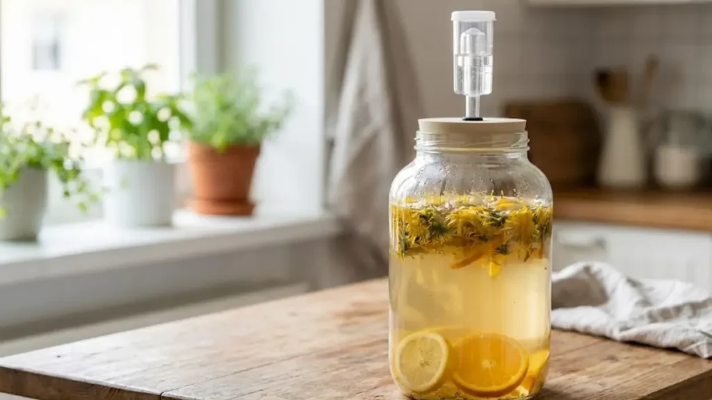 Dandelion Wine Recipe: How to Make Homemade Golden Wine From Fresh Blossoms 1 Dandelion wine fermenting in a glass jar with citrus slices and an airlock - Dandelion Wine Recipe