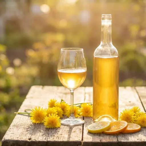 Dandelion Wine Recipe: How to Make Homemade Golden Wine From Fresh Blossoms 2 Dandelion wine in a glass bottle with fresh yellow dandelion flowers and citrus slices on a wooden table