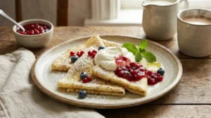 Swedish Pancake Recipe: Thin, Buttery & Better Than Crepes (Ready in 20 Minutes!) 9 Folded Swedish pancakes served with lingonberry jam, whipped cream, and berries