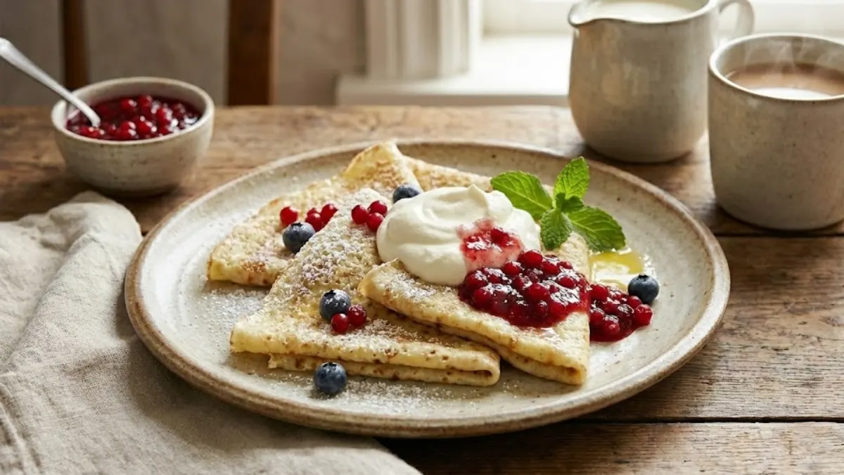 Swedish Pancake Recipe: Thin, Buttery & Better Than Crepes (Ready in 20 Minutes!) 2 Folded Swedish pancakes served with lingonberry jam, whipped cream, and berries