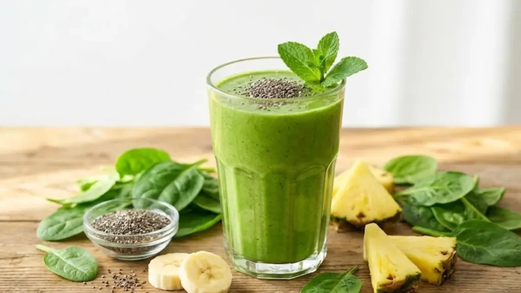 10 Day Green Smoothie Cleanse Recipes for Weight Loss, Energy & Full Body Detox 19 Fresh green smoothie cleanse drink in a clear glass made with spinach, banana, pineapple, and chia seeds, styled for a 10 day smoothie detox