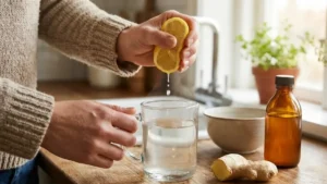 What Is the Natural Mounjaro Recipe? 4-Ingredient Drink for Weight Loss Explained 3 Fresh lemon juice being squeezed into warm water while preparing the natural Mounjaro drink at home