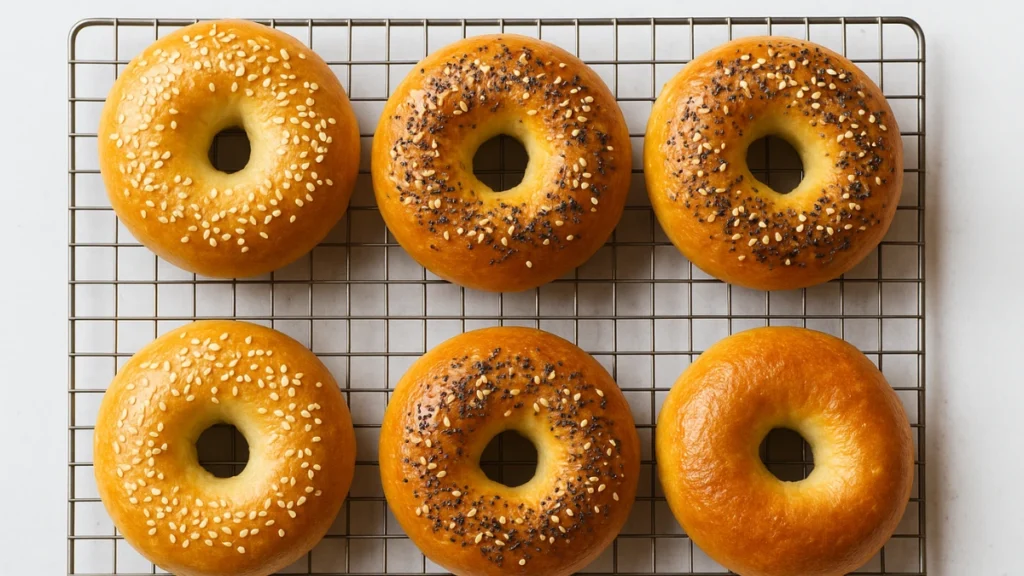 Best Bagel Recipe: Soft, Chewy, New York–Style Bagels Made at Home 4 Freshly baked golden brown homemade bagels on a wire cooling rack, topped with sesame and everything seasoning