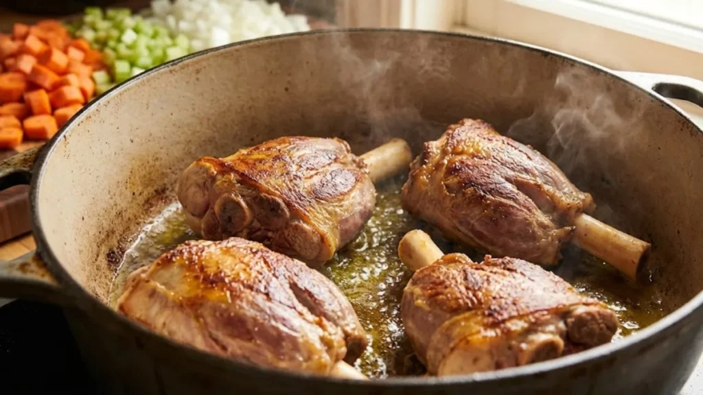 The Best Bucco Osso Recipe (Osso Buco) — Tender, Flavorful & Truly Italian 1 Golden-browned veal shanks sizzling in a cast-iron pot with olive oil, showing crispy edges and diced vegetables nearby - Bucco Osso Recipe