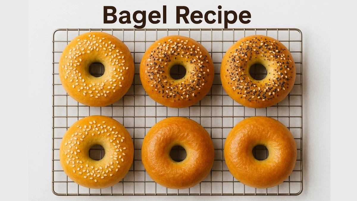 Best Bagel Recipe: Soft, Chewy, New York–Style Bagels Made at Home 2 Golden homemade bagels with sesame and everything seasoning displayed neatly on a cooling rack with ‘Bagel Recipe’ text above.