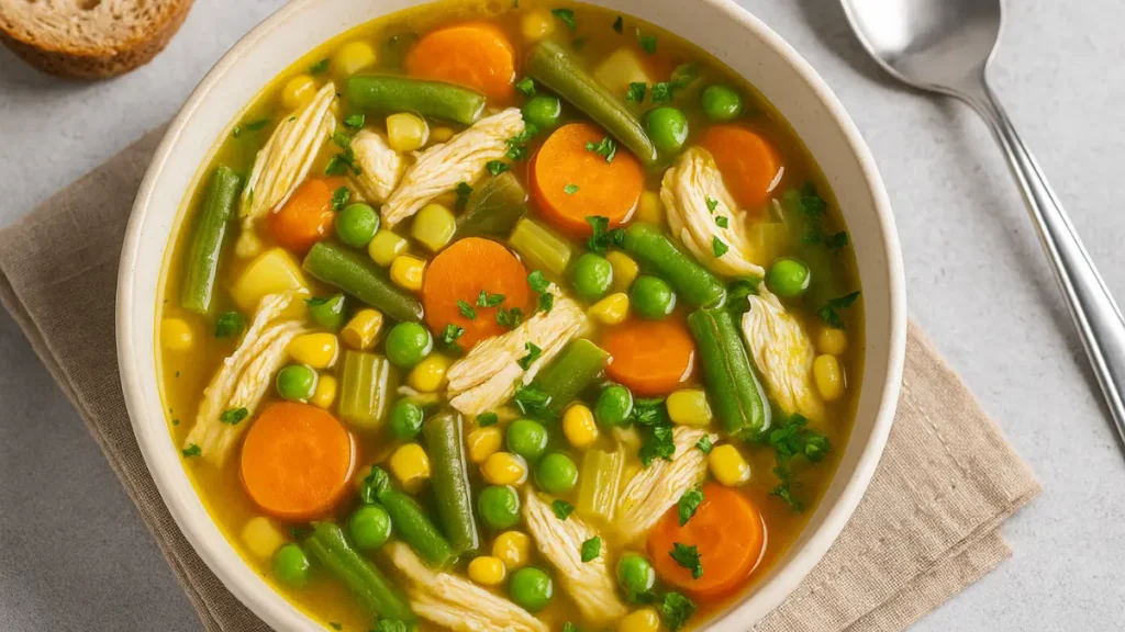 Crockpot Chicken Vegetable Soup: Healthy, Easy & Packed With Flavor 2 Healthy crockpot chicken vegetable soup with carrots, peas, green beans, and shredded chicken in a warm broth