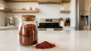 Hot Honey Rub Recipe: The Perfect Sweet & Spicy Seasoning for Chicken, BBQ & More 5 Homemade hot honey rub seasoning stored in a glass jar, showing rich red-brown color and fine texture