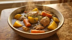 Hearty Chicken Stew Recipe – Easy One-Pot American Comfort Food 3 Homemade one-pot chicken stew served hot in a rustic bowl