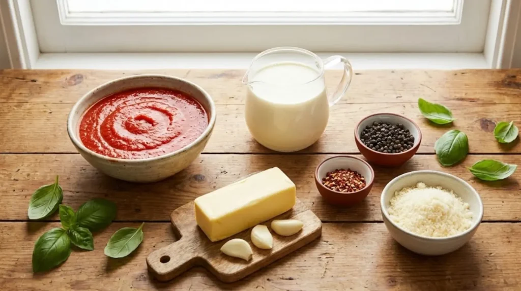 Aurora Sauce Recipe: The Creamy Pink Sauce That Instantly Upgrades Any Meal 1 Ingredients for aurora sauce recipe on kitchen counter