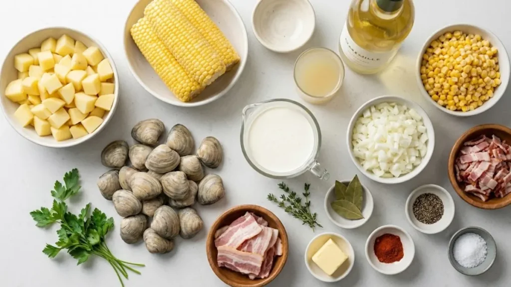 Corn Clam Chowder Recipe: A Delicious Twist on a Classic Comfort Soup 2 Ingredients for corn clam chowder including clams, corn, potatoes, onions, bacon, cream, and fresh herbs arranged on a kitchen surface