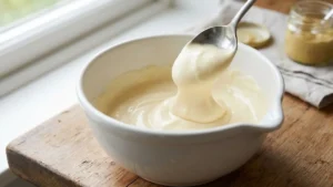 Cookout Sauce Recipe: Easy, Creamy Southern-Style Sauce for BBQ, Burgers & Fries 4 Mayonnaise being added to a mixing bowl to start making cookout sauce