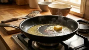 Swedish Pancake Recipe: Thin, Buttery & Better Than Crepes (Ready in 20 Minutes!) 5 Non-stick skillet heating on a stovetop with melted butter for Swedish pancakes