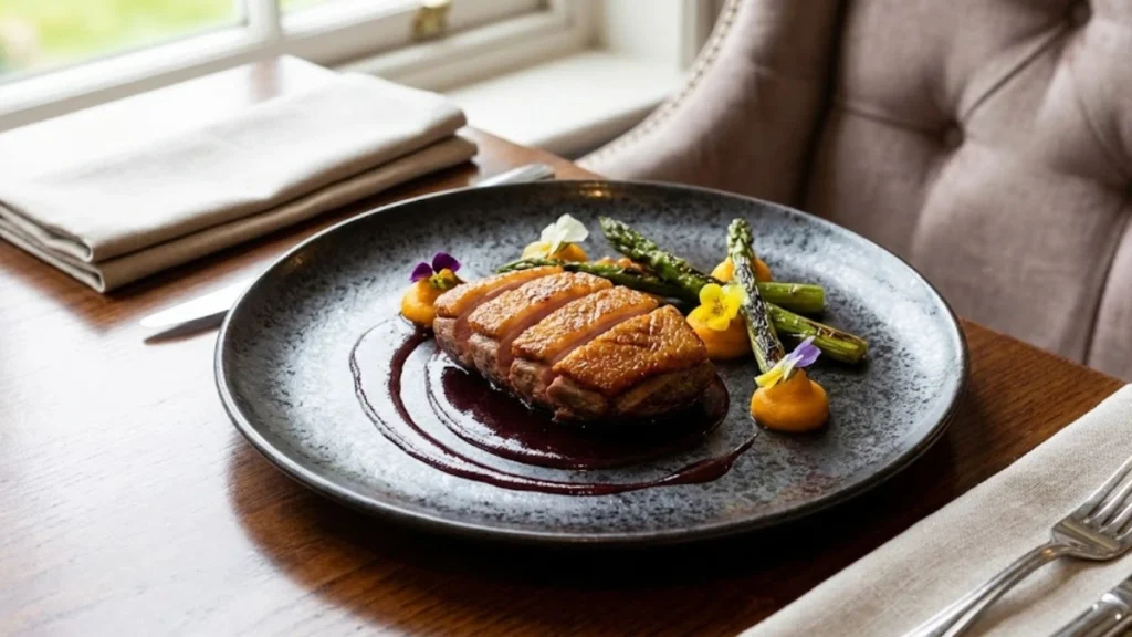 Duck and Sauce Recipe – Easy Restaurant-Style Duck Dinner at Home 1 Pan-seared duck breast cooking skin-side down until golden and crispy - Duck and Souce Recipe