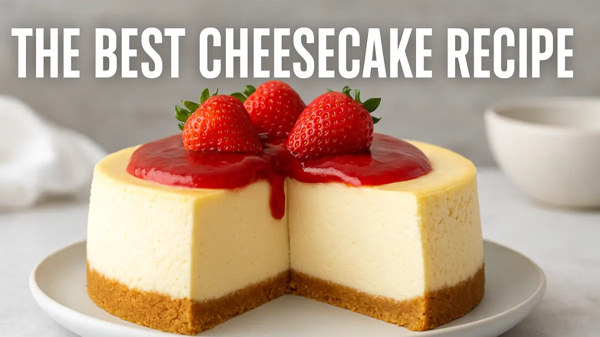 The Best Cheesecake Recipe Ever – Creamy, Smooth, and Totally Foolproof! 2 Rich and creamy homemade cheesecake with a golden graham cracker crust, photographed close-up for the best cheesecake recipe