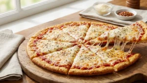 Can Chicken Pizza Crust Recipe: The Viral Low-Carb Pizza Americans Are Loving 9 Sliced chicken pizza crust holding toppings on a wooden board