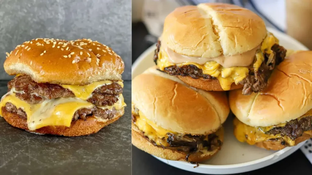 Ultimate Blackstone Smash Burgers Recipe – Crispy, Juicy & Perfect Every Time 3 Smash burgers on Blackstone griddle with melted American cheese