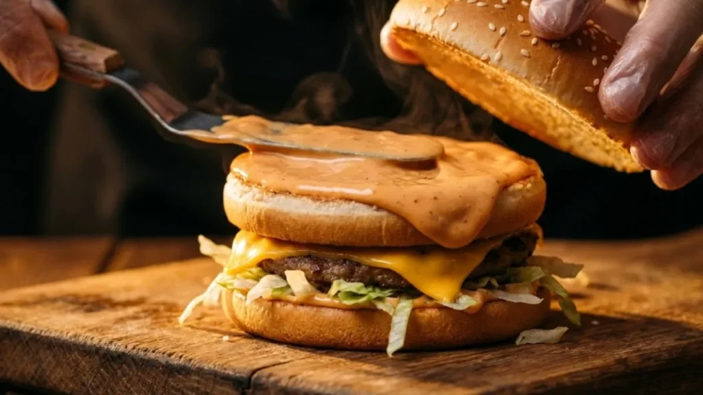 Big Mac Sauce Recipe (McDonald’s Secret Sauce) – Easy Copycat at Home 2 Spreading Big Mac special sauce on a burger bun