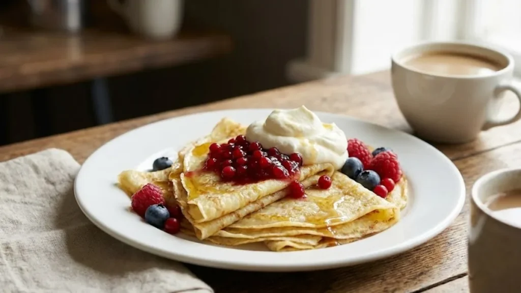 Swedish Pancake Recipe: Thin, Buttery & Better Than Crepes (Ready in 20 Minutes!) 13 Swedish pancake recipe served with lingonberry jam, whipped cream, and fresh berries on a ceramic plate.