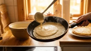 Swedish Pancake Recipe: Thin, Buttery & Better Than Crepes (Ready in 20 Minutes!) 6 Thin Swedish pancake batter poured into a pan and spread evenly by tilting the skillet.