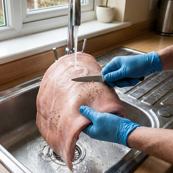 How to Make Pork Rinds Recipe – Easy Homemade Crispy Pork Rinds 2 how to make pork rinds recipe starting with cleaning raw pork skin under running water