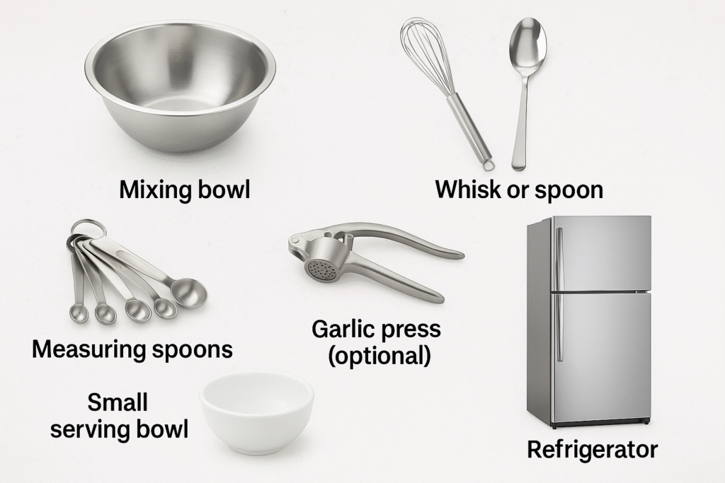 Pharaoh Sauce Recipe: The Secret Flavor Behind Pharaoh’s Revenge Hot Sauce 2 Kitchen equipment for making Pharaoh Sauce, including a mixing bowl, whisk or spoon, measuring spoons, garlic press, small serving bowl, and a refrigerator for chilling the sauce.