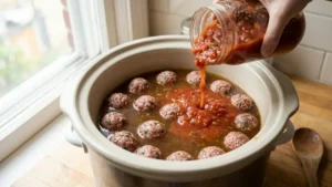 Easy Albondigas Soup Recipe in Crock Pot 5 Adding broth and tomatoes to crock pot for albondigas soup