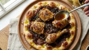 Authentic Palestinian Musakhan Recipe – Juicy Sumac Chicken with Caramelized Onions 8 Assembling Palestinian Musakhan with chicken over onions and bread