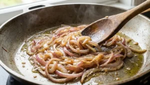 Authentic Palestinian Musakhan Recipe – Juicy Sumac Chicken with Caramelized Onions 6 Caramelized red onions cooking in olive oil for Musakhan recipe