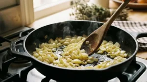 Moroccan Meatballs Recipe – Juicy, Spiced & Simmered in Rich Tomato Sauce 6 Chopped onion sautéing in olive oil in a skillet for tomato sauce