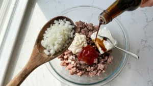 Braunschweiger Dip Recipe – Easy Creamy Party Appetizer 5 Chopped onions and Worcestershire sauce added to braunschweiger dip mixture.