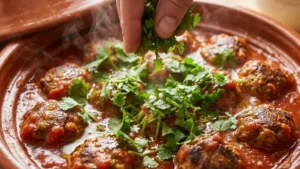 Moroccan Meatballs Recipe – Juicy, Spiced & Simmered in Rich Tomato Sauce 11 Cooked moroccan meatballs garnished with fresh herbs