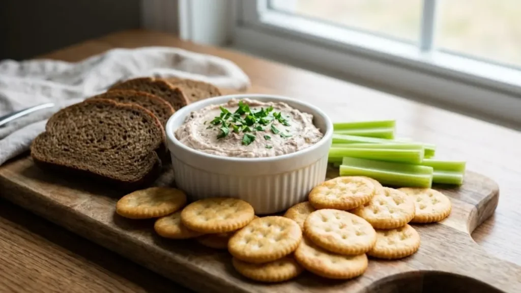 Braunschweiger Dip Recipe – Easy Creamy Party Appetizer 1 Creamy braunschweiger dip served in a bowl with crackers and rye bread.