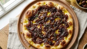 Authentic Palestinian Musakhan Recipe – Juicy Sumac Chicken with Caramelized Onions 7 Flatbread topped with caramelized onions for Palestinian Musakhan