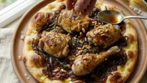 Authentic Palestinian Musakhan Recipe – Juicy Sumac Chicken with Caramelized Onions 11 Garnishing Musakhan with toasted pine nuts