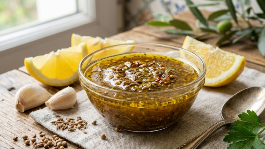 Pharaoh Sauce Recipe 1 Homemade Pharaoh sauce recipe in a bowl with garlic, lemon, and spices