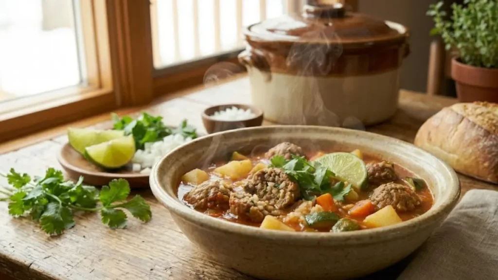 Easy Albondigas Soup Recipe in Crock Pot 1 Slow cooker albondigas soup simmered to perfection with tender meatballs and hearty vegetables