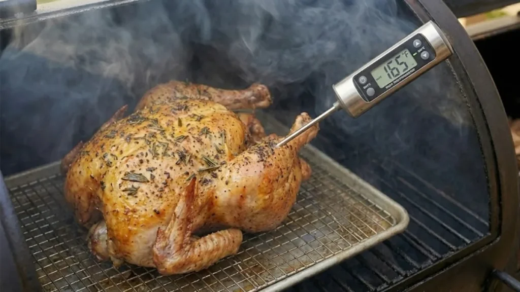 Whole Pheasant Recipes: How to Cook a Juicy, Flavor-Packed Pheasant at Home 1 Meat thermometer checking internal temperature of smoked whole pheasant - Whole Pheasant Recipes